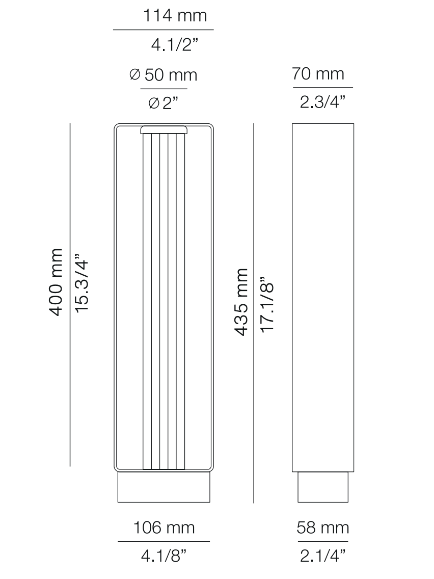 Measurement chart of a vertical radiator with dimensions labeled.