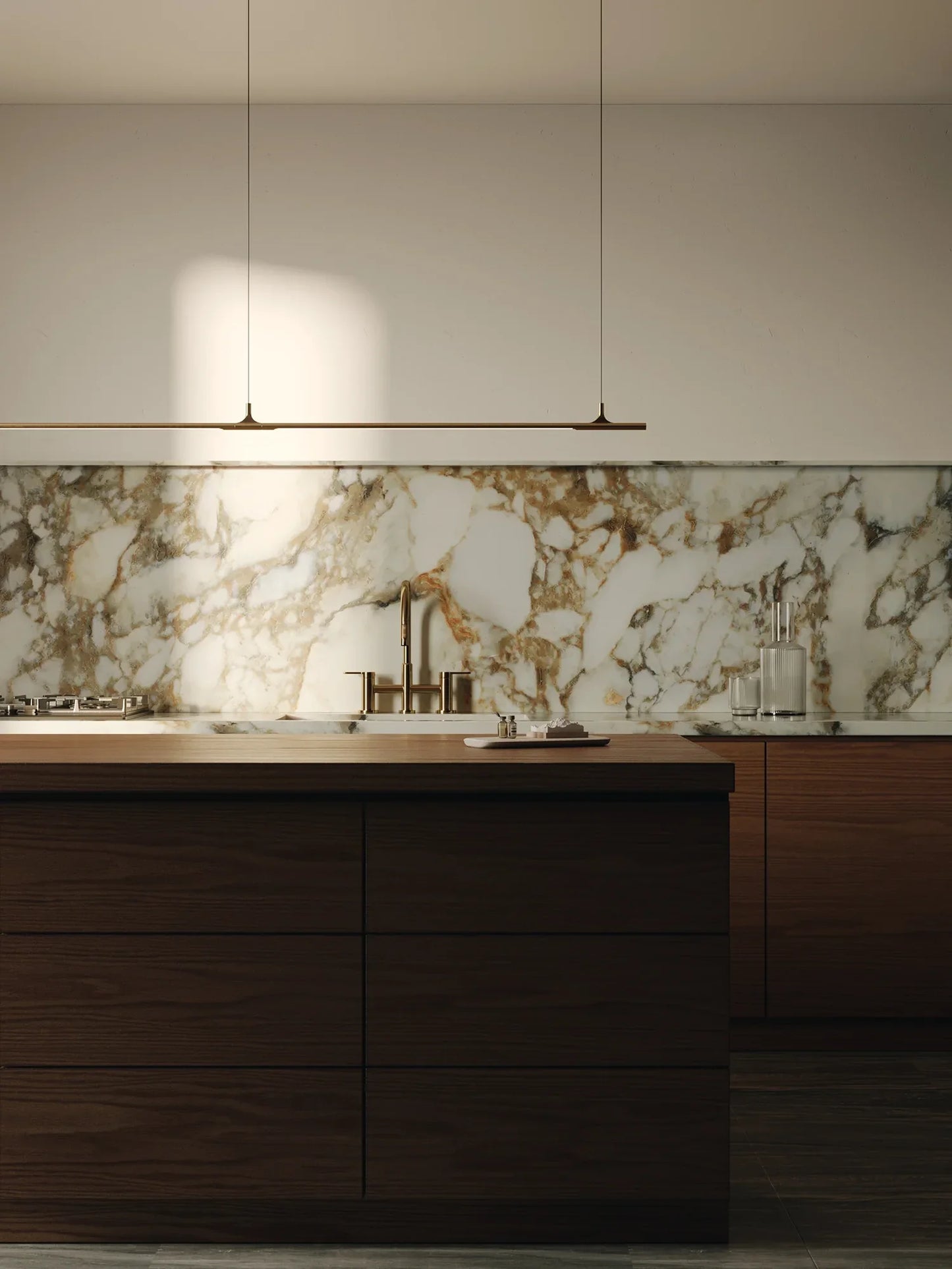 Modern kitchen with marble backsplash and wooden cabinets