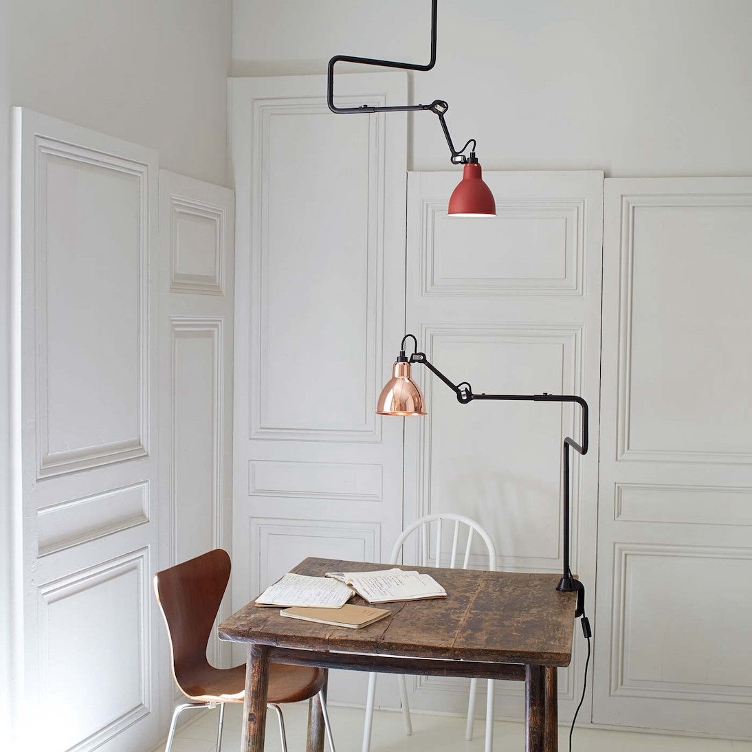 Gras-N312-Pendant-Red-over-desk-with-copper-table-lamp