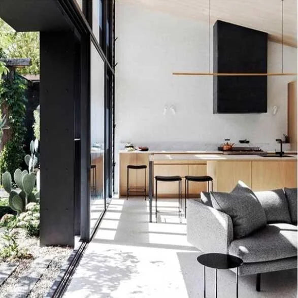 Highline Linear Pendant in Brass in Kitchen with Vaulted Wooden Ceiling