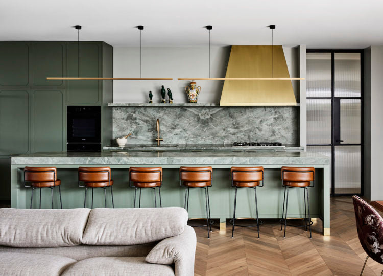 Highline Satin Brass Linear Pendant Doubled over Green Kitchen Island