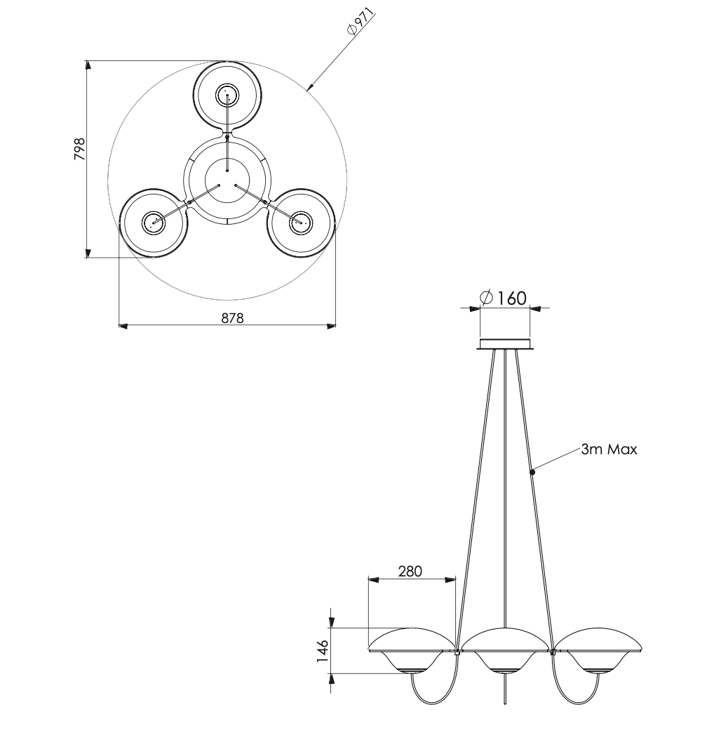 In The Air, 3 Light, Black Steel with White Glass Globes, E27, Triac Dim, IP20