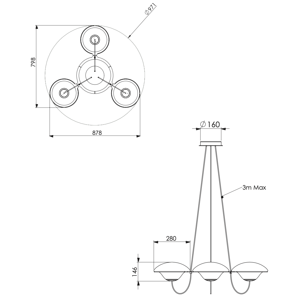 DCW Editions In The Air pendant with 3 shades technical drawing
