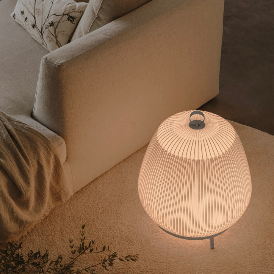 Knit Low Floor Lamp, Round, Stretch Knit Material over Polymer Orb, 33.6W, LED, Push Dim