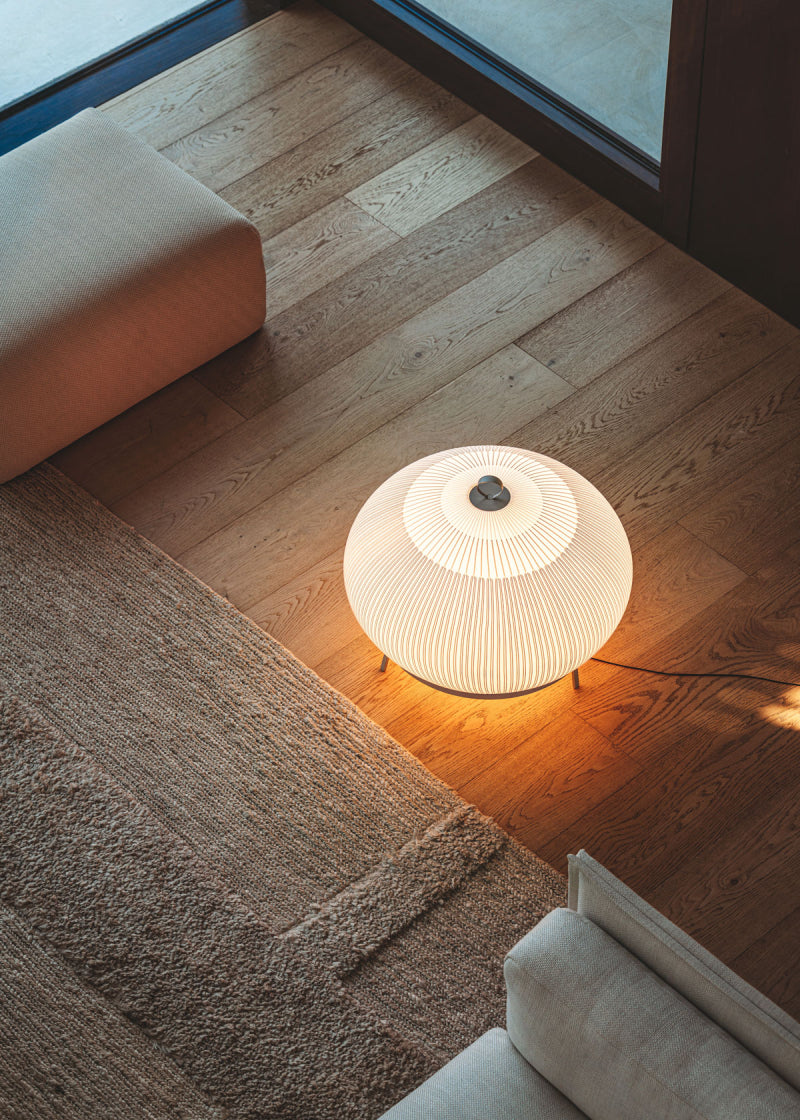 Knit Low Floor Lamp, Round, Stretch Knit Material over Polymer Orb, 33.6W, LED, Push Dim
