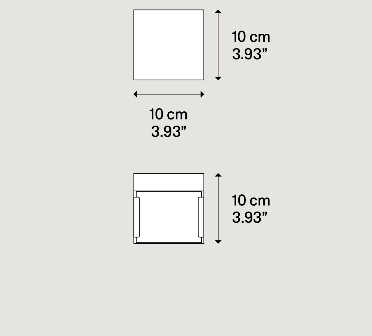 Measurement chart showing dimensions of a square object with sides measuring 10 cm or 3.93 inches.