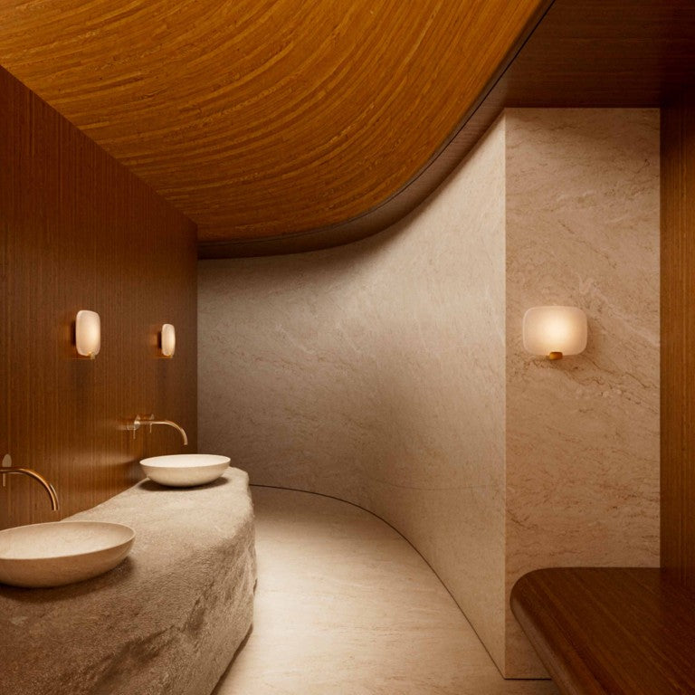 DCW Editions Love Me Tender vertical and horizontal wall light in large curved bathroom