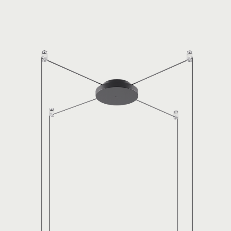 Lodes small, black radial canopy with 4 cables suspended by clear swag hooks with an off-white background