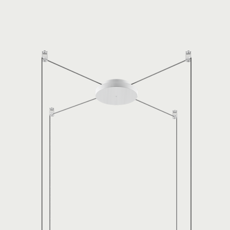 Lodes small, white radial canopy with 4 cables suspended by clear swag hooks with an off-white background