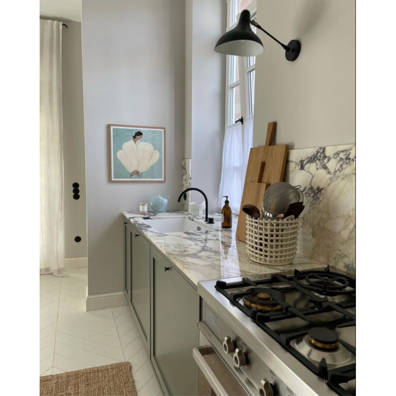 DCW Editions Mantis wall light standard BS5 with thumbswitch over galley kitchen with marble top