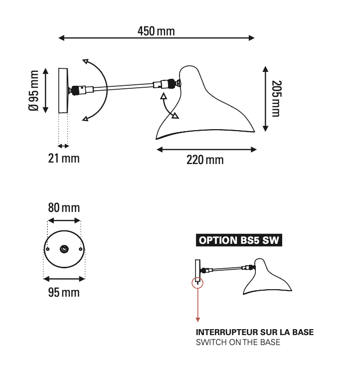 DCW Editions Mantis wall light standard BS5 with and without thumbswitch technical drawing