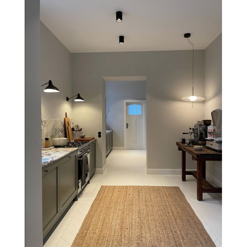 DCW Editions Mantis wall light standard BS5 with thumbswitch over galley kitchen with mono pendant in the corner and spot lights above