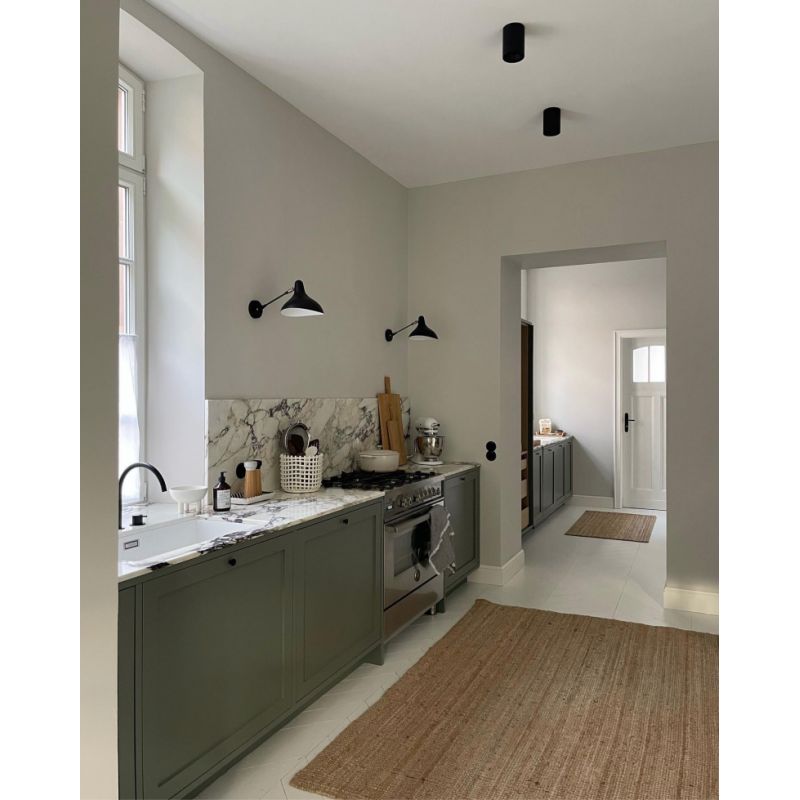 DCW Editions Mantis wall light standard BS5 with thumbswitch over galley kitchen with spot lights above