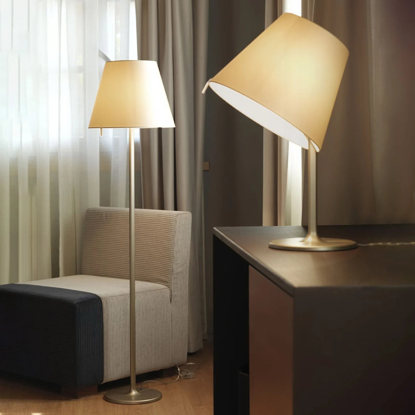 Melampo Reading Table Lamp, Aluminium with Grey Silk Shade, IP20