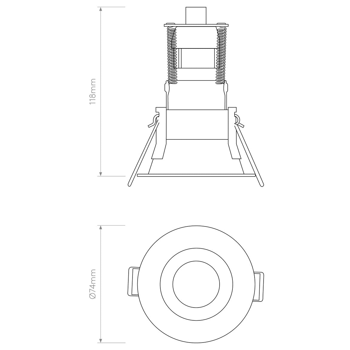Technical drawing of a ceiling light fixture with dimensions