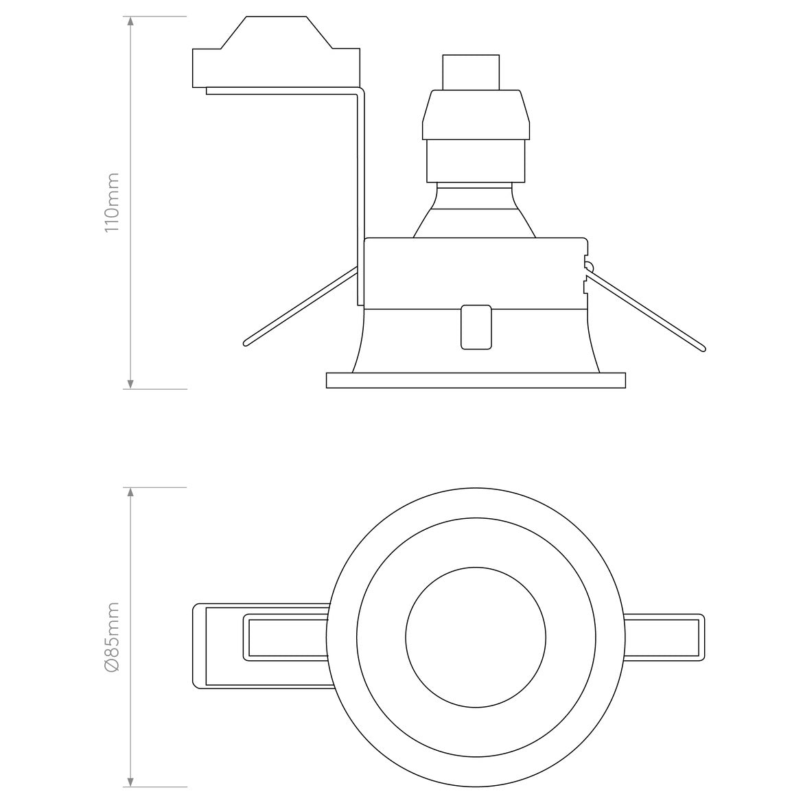 Technical drawing of a ceiling light fixture with dimensions