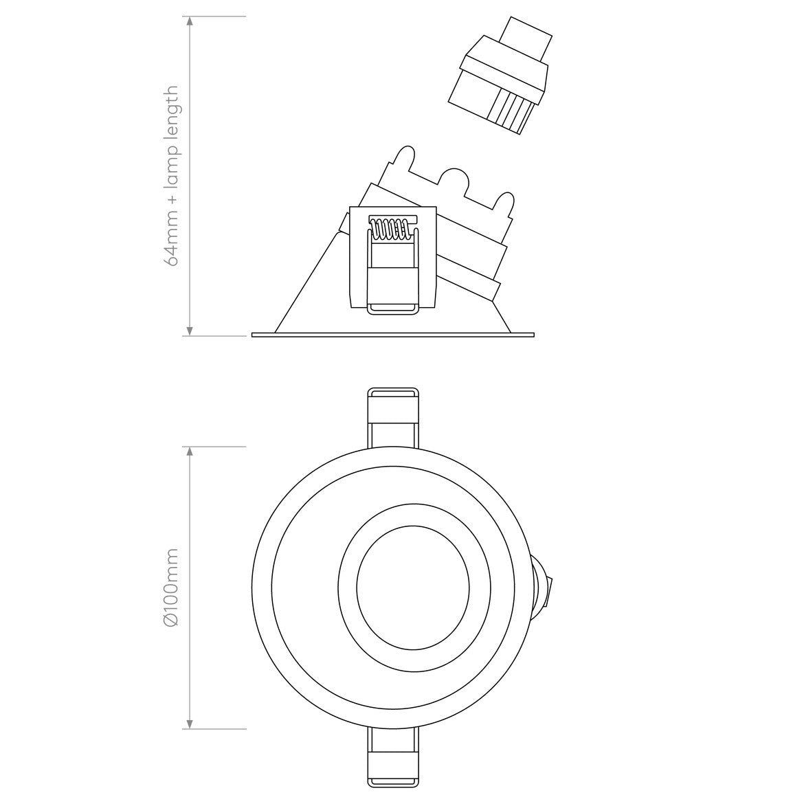 Technical drawing of a light fixture with dimensions on a white background