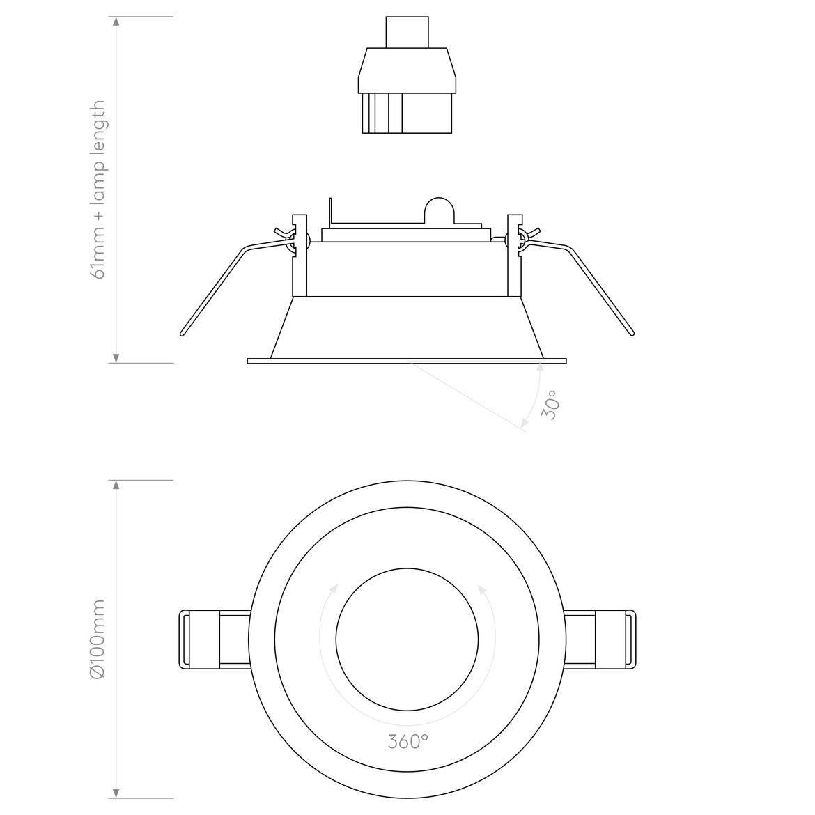 Technical drawing of a ceiling light fixture with dimensions labeled