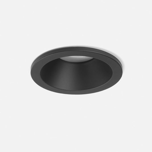 Black round recessed ceiling light on a white background