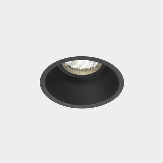 Black round recessed ceiling light on a white background