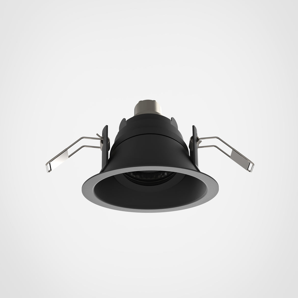 Black recessed ceiling light on a white background