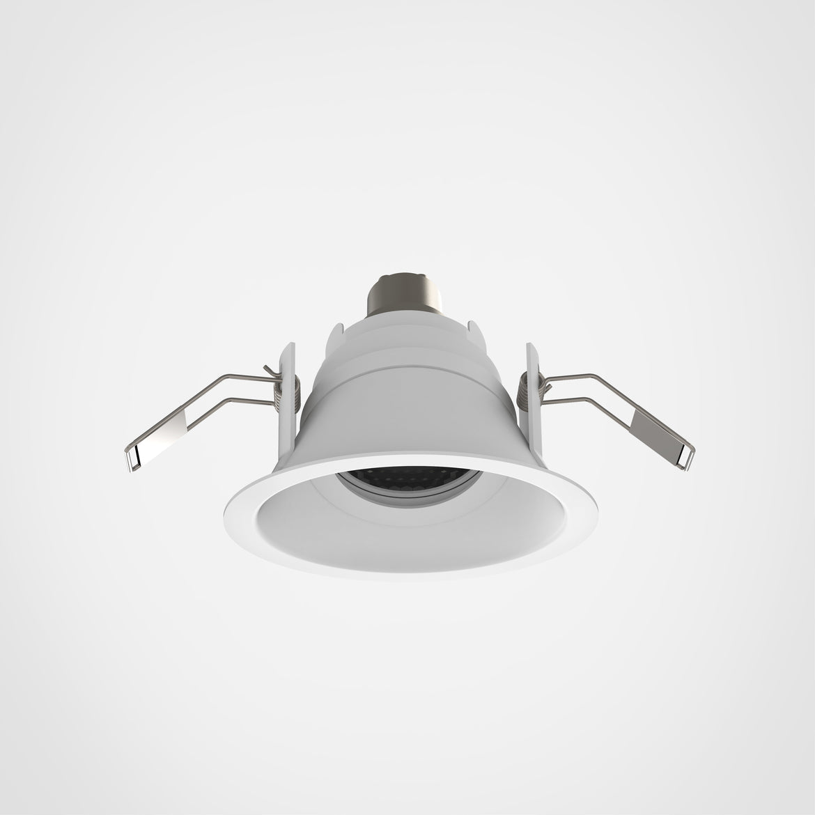 White recessed ceiling light with silver brackets on a white background