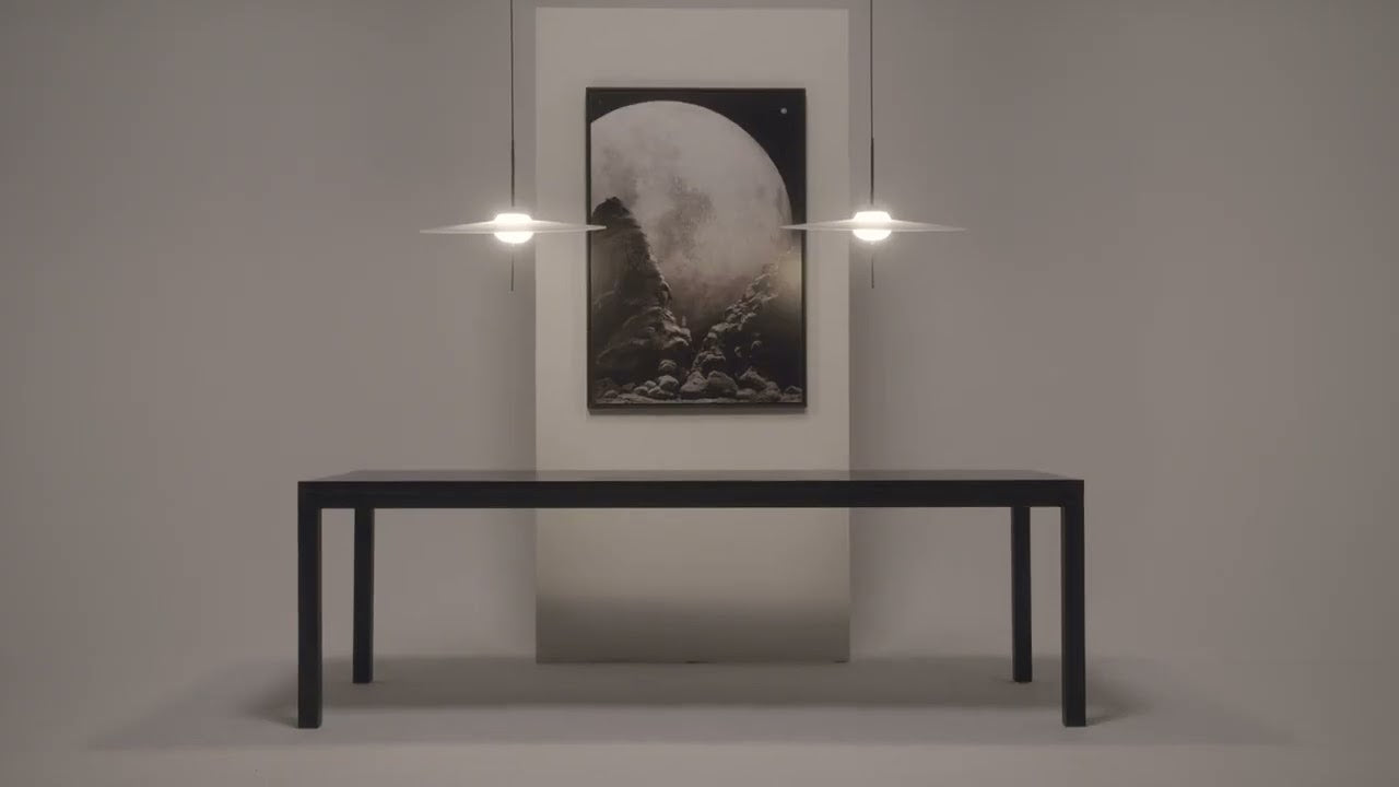 DCW Editions Mono pendant over long black table with print of the moon behind