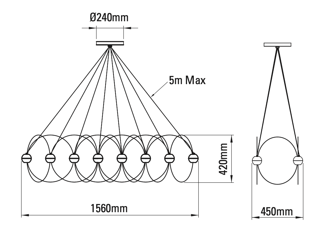 Munari 8, Linear, Black Steel with Frosted Acrylic Spheres, LED, 26W, 2400K, Triac Dim, IP20