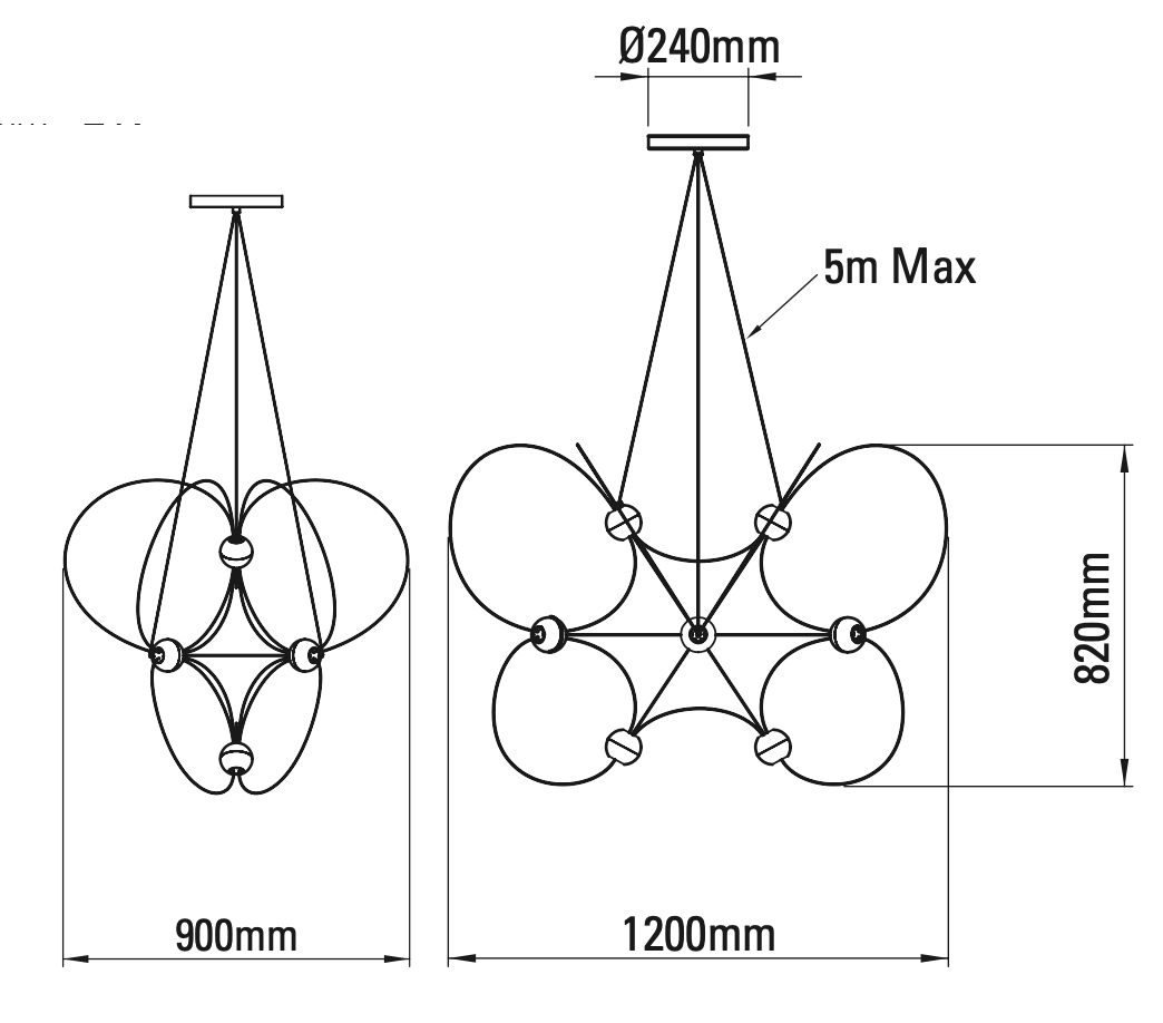 DCW Editions Munari pendant with 10 acrylic spheres technical drawing with side and front view