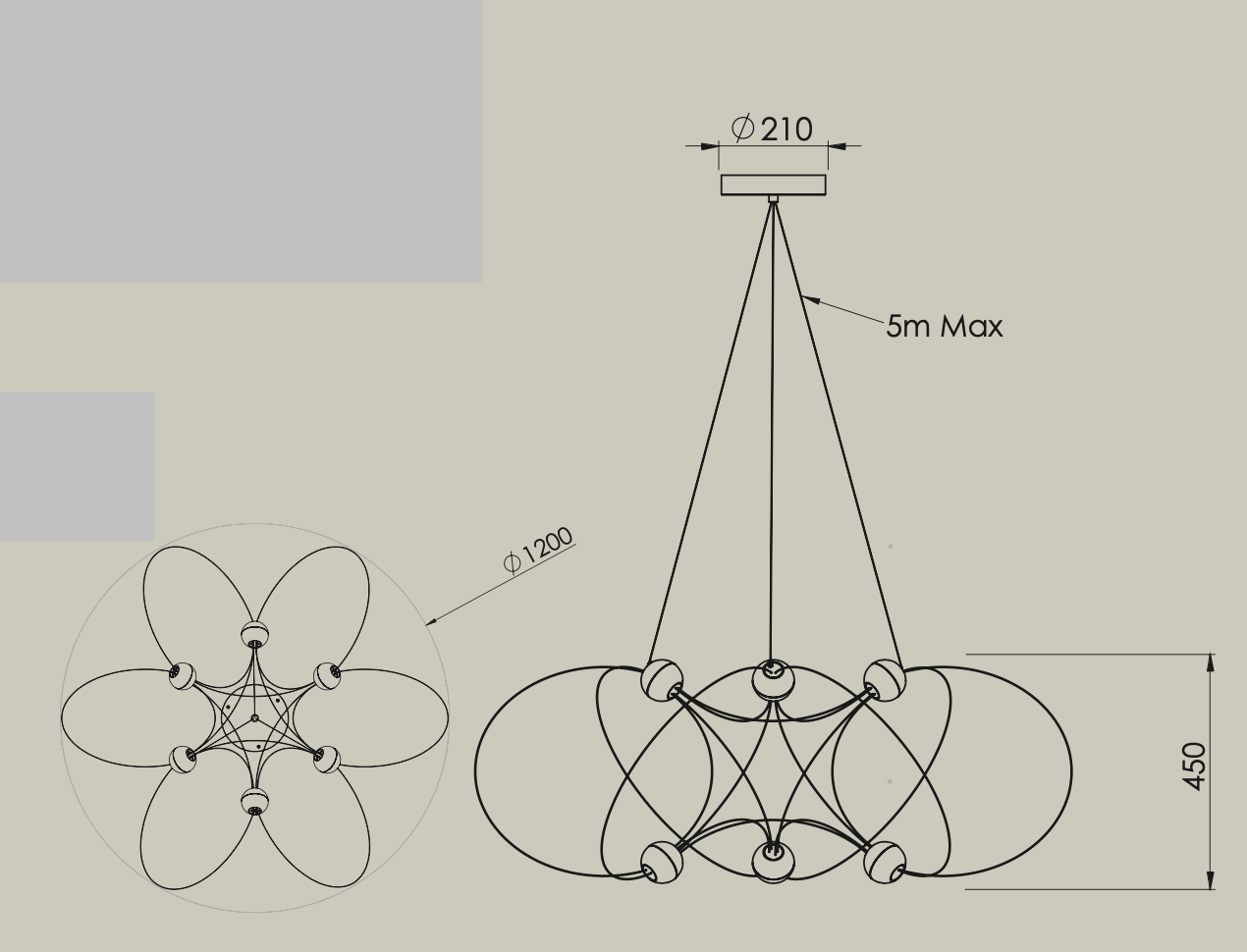DCW Editions Munari pendant 6 acrylic spheres technical drawing with bottom view