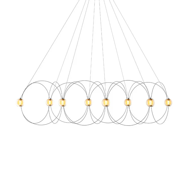DCW Editions Munari pendant with black, curved rods and 8 acrylic spheres with warm light on white background