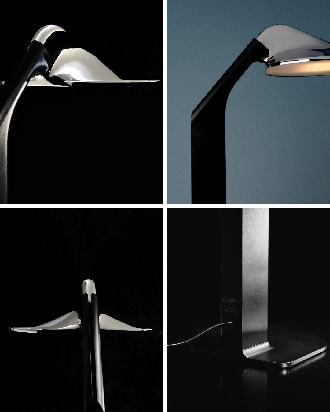 DCW Editions Niwaki black and chrome desk light from different perspectives