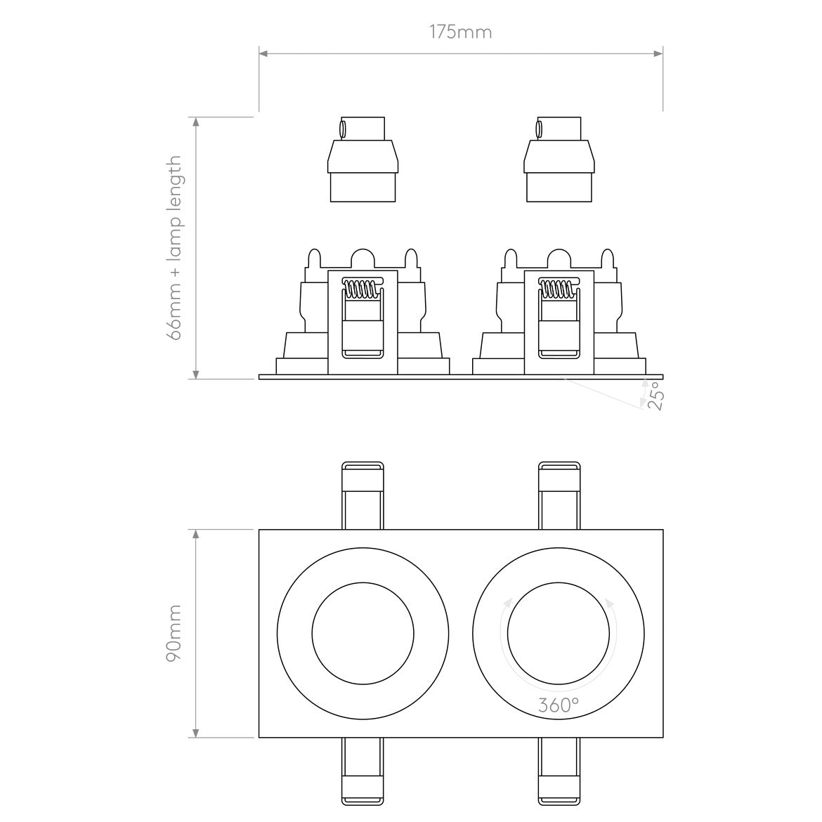 Pinhole Slimline Double Square Downlight, White, Adjustable, GU10, IP20, Fire Rated