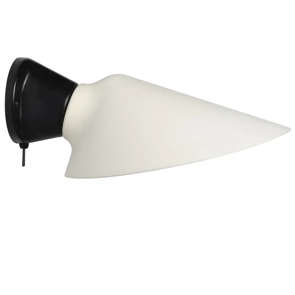 DCW Editions Plume wall light with white shade and black base and thumbswitch with white background