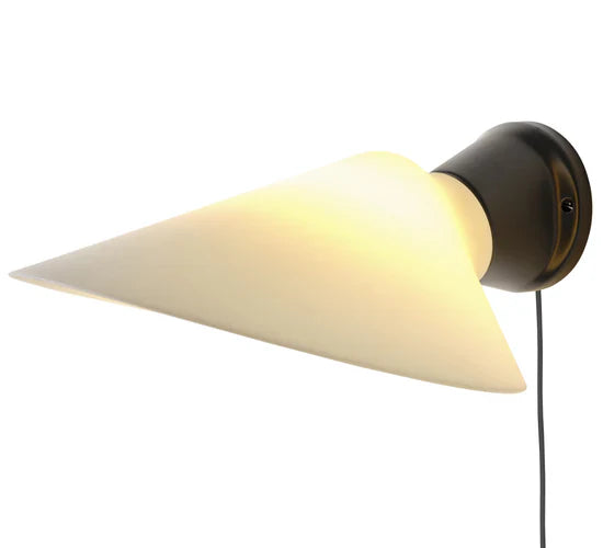 DCW Editions Plume wall light with polycarbonate shade and black base with cable and white background