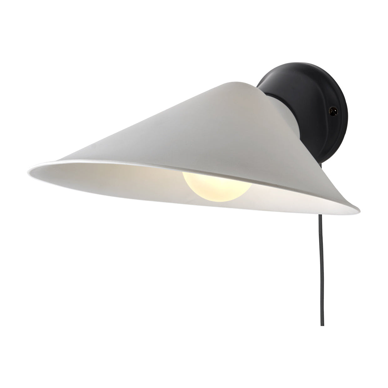 DCW Editions Plume wall light with porcelain shade and black base and cable with white background