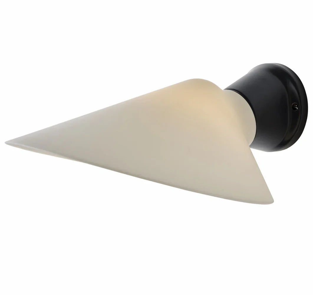 DCW Editions Plume wall light with porcelain shade and black base with white background