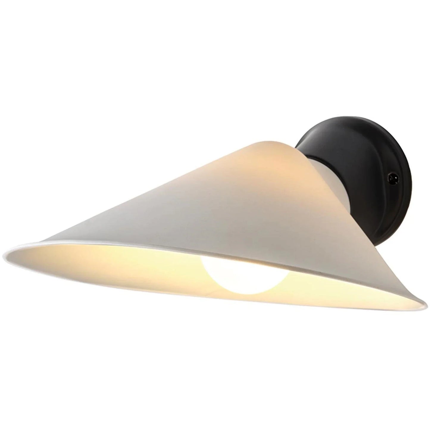 DCW Editions Plume wall light with white shade and black base with white background and visible bulb