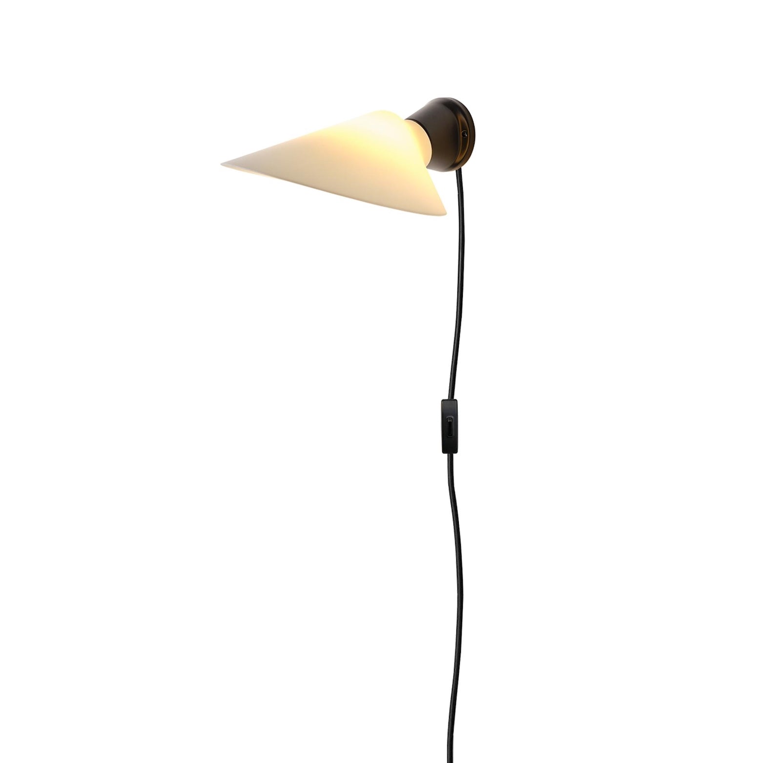 DCW Editions Plume wall light with white shade and black base with plug-in cable on a white background
