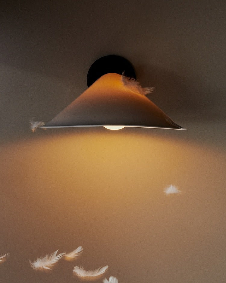 DCW Editions Plume wall light with porcelain shade and black base with white background and floating feathers