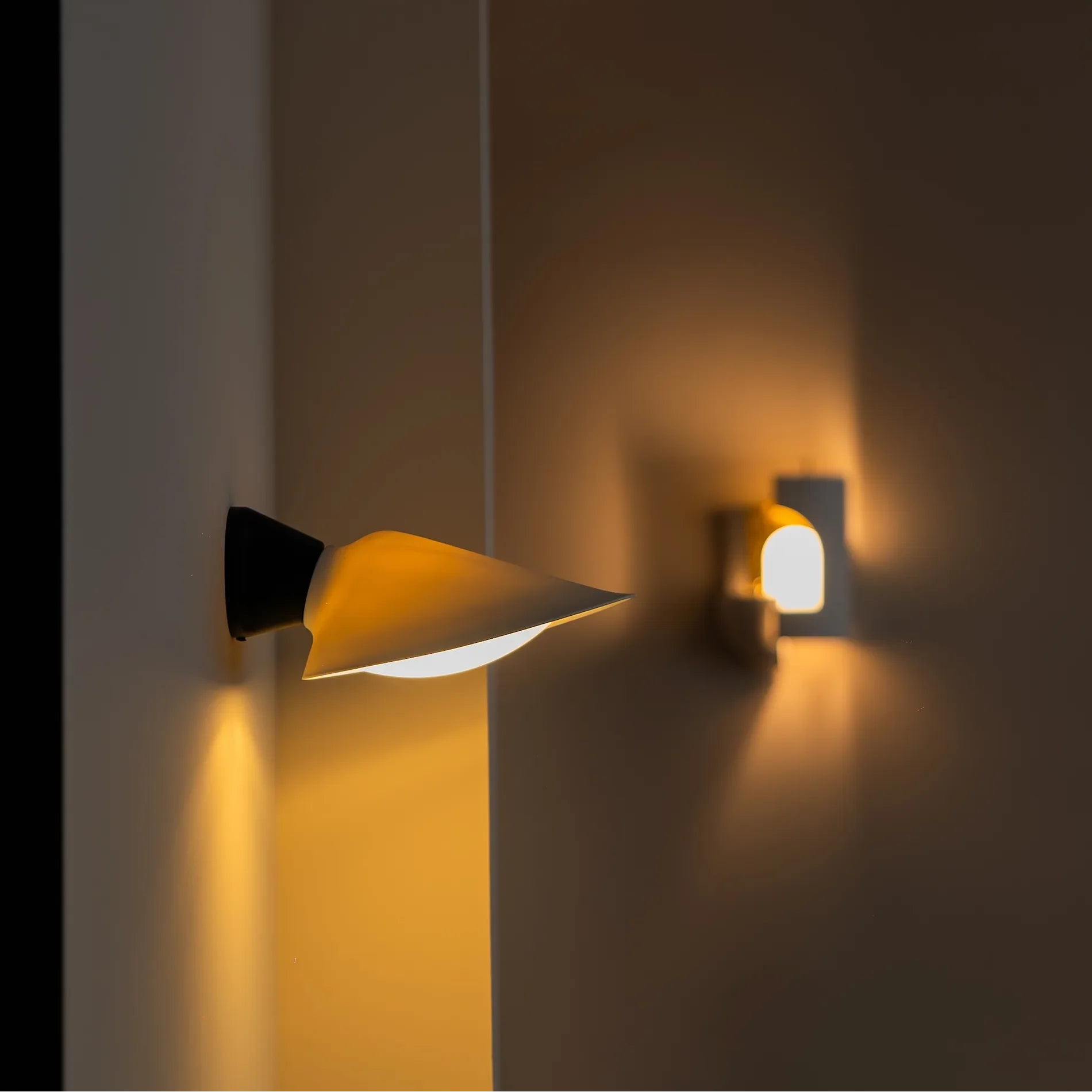 DCW Editions Plume and Soul Wall lights, illuminated