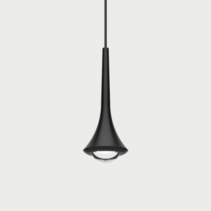 Lodes rain pendant with black body and black stem on beige background