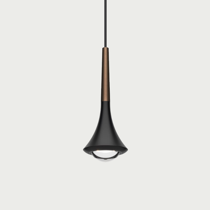 Lodes rain pendant with black body and brown stem on beige background