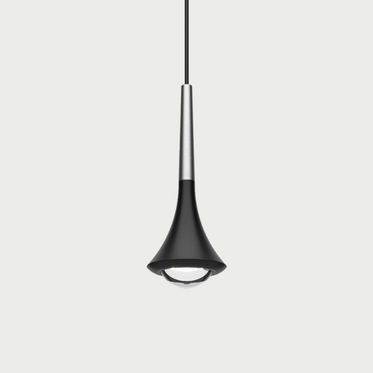 Lodes rain pendant with black body and brushed chrome stem on beige background