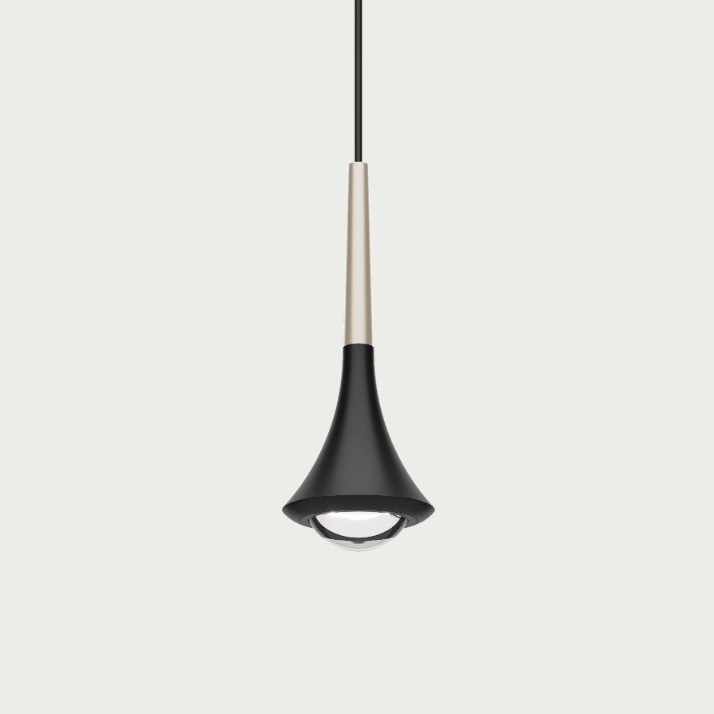 Lodes rain pendant with black body and champagne stem on beige background