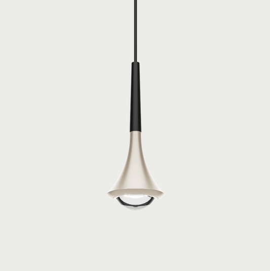 Lodes rain pendant with champagne body and black stem on beige background