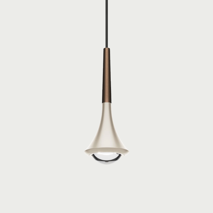 Lodes rain pendant with champagne body and brown stem on beige background