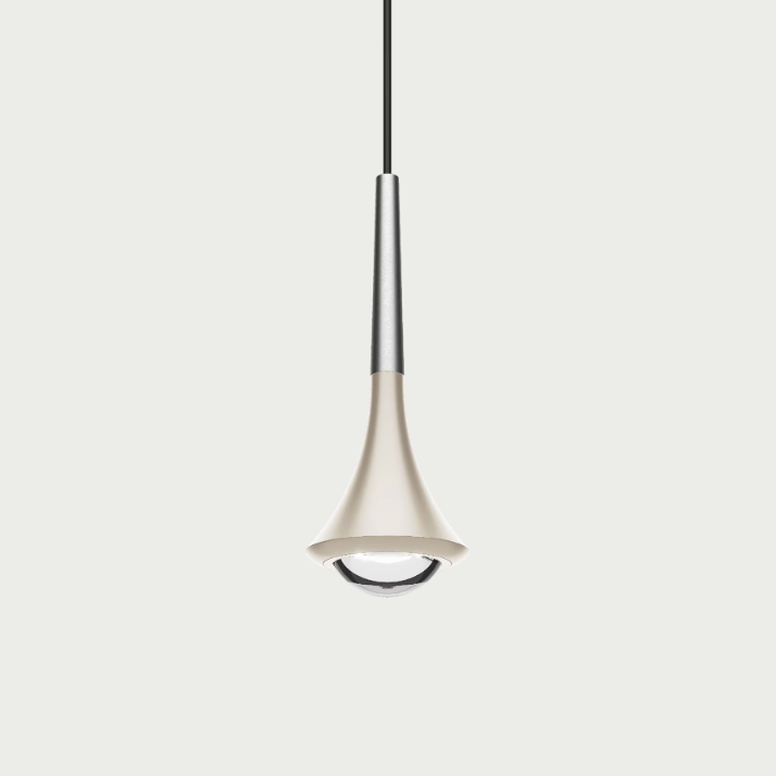Lodes rain pendant with champagne body and brushed chrome stem on beige background