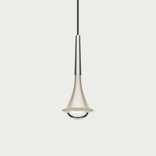 Lodes rain pendant with champagne body and brushed chrome stem on beige background