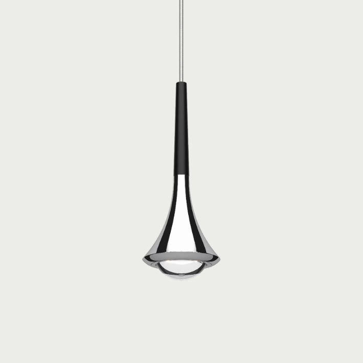 Lodes rain pendant with chrome body and black stem on beige background